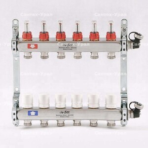 Коллекторная группа из нержавеющей стали с термостатическими вентилями и расходомерами UNI-FITT 1"x3/4"ЕК 6 выходов - Сантех-Урал