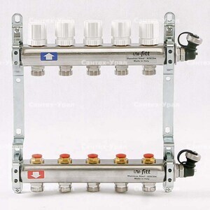 Коллекторная группа из нержавеющей стали с регулировочными и термостатическими вентилями UNI-FITT 1"x3/4"ЕК 5 выходов - Сантех-Урал