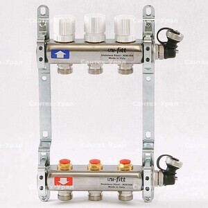 Коллекторная группа из нержавеющей стали с регулировочными и термостатическими вентилями UNI-FITT 1"x3/4"ЕК 3 выхода - Сантех-Урал